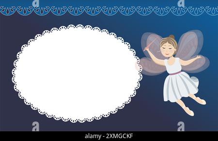 Fille de fée dans une robe blanche avec des ailes et une baguette magique sur un fond bleu, avec un fond de dentelle blanche pour l'inscription Illustration de Vecteur