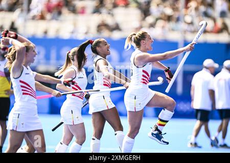 Paris, France. 28 juillet 2024. La belge Ambre Ballenghien célèbre après avoir remporté un match de hockey entre la Chine et l'équipe nationale belge des Panthères rouges, match 1 dans la piscine féminine A aux Jeux Olympiques de Paris 2024, le dimanche 28 juillet 2024 à Paris, France. Les Jeux de la XXXIIIe Olympiade se déroulent à Paris du 26 juillet au 11 août. La délégation belge compte 165 athlètes en compétition dans 21 sports. BELGA PHOTO JASPER JACOBS crédit : Belga News Agency/Alamy Live News Banque D'Images