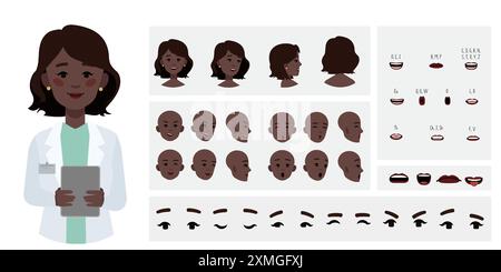 Ouvrière médicale femme médecin création avatar adapté à l'animation. Générateur, constructeur de divers yeux, lèvres, expressions d'émotion animation buccale Illustration de Vecteur