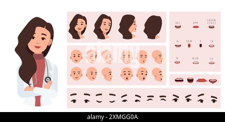 Ouvrière médicale femme médecin création avatar adapté à l'animation. Générateur, constructeur de divers yeux, lèvres, expressions d'émotion animation buccale Illustration de Vecteur