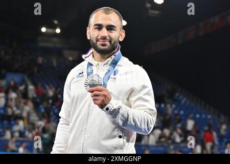 Paris, France. 27 juillet 2024. Luka Mkheidze ( FRA ) finale argent, Judo, hommes -60 kg lors des Jeux Olympiques de Paris 2024 le 27 juillet 2024 à l'Arena champ de mars à Paris, France. Crédit : Abaca Press/Alamy Live News Banque D'Images