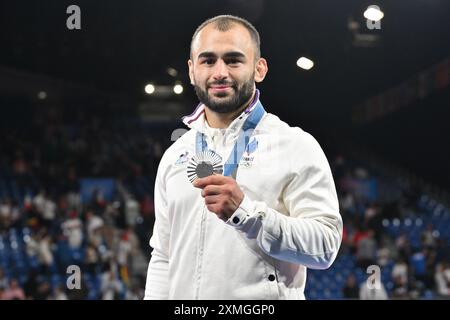 Paris, France. 27 juillet 2024. Luka Mkheidze ( FRA ) finale argent, Judo, hommes -60 kg lors des Jeux Olympiques de Paris 2024 le 27 juillet 2024 à l'Arena champ de mars à Paris, France. Crédit : Abaca Press/Alamy Live News Banque D'Images
