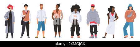 Un groupe diversifié de personnes portant différents styles de vêtements de rue, représentant la mode, l'individualité et l'illustration vectorielle de la vie urbaine moderne. Illustration de Vecteur