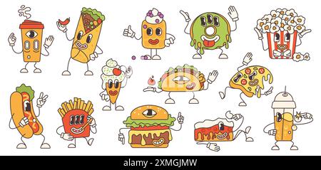 Jeu de personnages de nourriture psychédélique de dessin animé groovy. Emoji rétro drôle de fast food avec un visage déformé trippy, de nombreux yeux et un sourire. Pizza avec fromage et hamburger, hotdog et illustration vectorielle d'autocollants de gâteau Illustration de Vecteur