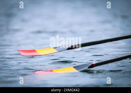 Paris, France. 28 juillet 2024. Illustration Pictures montre le début des manches de l'épreuve d'aviron double échassin masculin léger aux Jeux Olympiques de Paris 2024, le dimanche 28 juillet 2024 à Paris, France. Les Jeux de la XXXIIIe Olympiade se déroulent à Paris du 26 juillet au 11 août. La délégation belge compte 165 athlètes en compétition dans 21 sports. BELGA PHOTO BENOIT DOPPAGNE crédit : Belga News Agency/Alamy Live News Banque D'Images