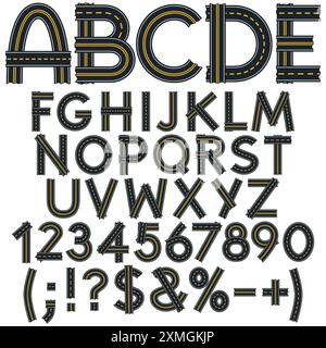 Alphabet, lettres, chiffres et signes de la surface de la route, route. Objets vectoriels isolés sur fond blanc. Illustration de Vecteur