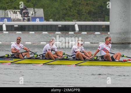 Paris, France. 27 juillet 2024. PARIS, FRANCE - JUILLET 27 : Kristoffer Brun de Norvège, Jan Oscar Stabe Helvig de Norvège, Jonas Slettemark Juel de Norvège et Erik Andre Solbakken en compétition dans les manches quadruples Sculls masculins lors du jour 1 de l'aviron - Jeux Olympiques Paris 2024 au stade nautique de Vaires-sur-Marne le 27 juillet 2024 à Paris, France. (Photo par Andre Weening/Orange Pictures) crédit : Orange pics BV/Alamy Live News Banque D'Images