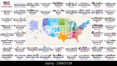 Tous les états capitales skylines des états-Unis. Carte des États-Unis avec les régions, les divisions et toutes les capitales d'État sur elle. Ensemble de vecteurs Illustration de Vecteur