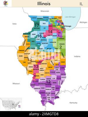 Carte de l'État de l'Illinois avec les frontières des comtés et les limites colorées des districts congressionnels en raison du recensement des États-Unis de 2020 et qui est valide depuis Illustration de Vecteur