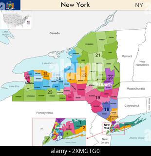 Carte de l'État de New York avec les frontières des comtés et les limites colorées des districts congressionnels en raison du recensement des États-Unis de 2020 et qui est valide depuis Illustration de Vecteur