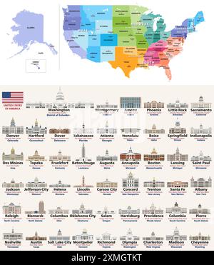 Carte des États-Unis avec les régions, les divisions et toutes les capitales d'État sur elle. Toutes les capitales des États-Unis. Icônes isolées vectorielles détaillées Illustration de Vecteur