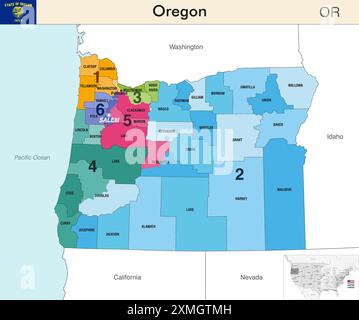 Carte de l'état de l'Oregon avec les frontières des comtés et les limites colorées des districts congressionnels en raison du recensement des États-Unis de 2020 et qui est valide depuis 20 ans Illustration de Vecteur