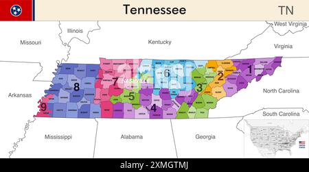 Carte de l'État du Tennessee avec les frontières des comtés et les limites colorées des districts congressionnels en raison du recensement des États-Unis de 2020 et qui est valide depuis Illustration de Vecteur