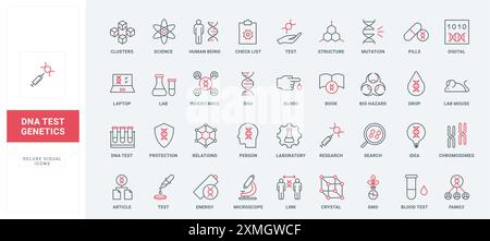 Analyse génétique, chimie et biotechnologie, ensemble d'icônes de ligne de recherche pharmaceutique. Structure de l'ADN et test chromosomique, expérience animale, illustration vectorielle de symboles minces noirs et rouges d'OGM Illustration de Vecteur