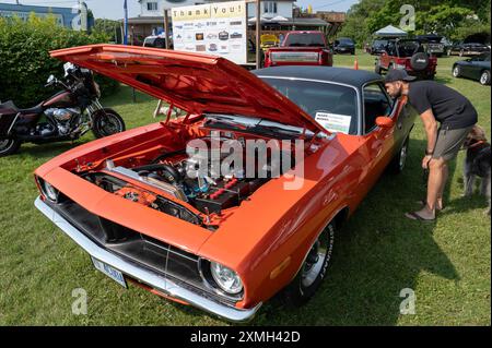 Hilton Beach, Ontario, Canada - 27 juillet 2024 : 1970 Plymouth Barracuda au salon de l'automobile classique. Homme regardant l'intérieur par la vitre du côté conducteur. Banque D'Images