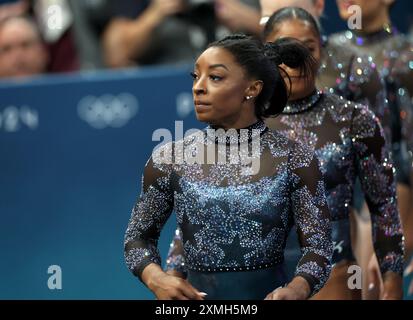 Paris, France. 28 juillet 2024. Simone Biles de Team USA lors de la qualification féminine de la subdivision gymnastique artistique deux, à la Bercy Arena. Au cours de la deuxième journée des Jeux Olympiques de Paris 2024, Paris, France. Crédit : Isabel Infantes/Alamy Live News Banque D'Images