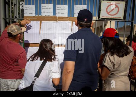 Madrid, Espagne. 28 juillet 2024. Les gens regardent la liste pour trouver leur bureau de vote, à l'extérieur du centre de vote pour les Vénézuéliens vivant à Madrid, dans le quartier madrilène d'Aluche, lors des élections législatives pour élire le prochain chef de l'État de la République bolivarienne du Venezuela. Près de 68 000 Vénézuéliens vivent à Madrid, mais seulement 9 000 ont réussi à s’inscrire et peuvent exercer leur droit de vote en personne depuis l’étranger. Crédit : SOPA images Limited/Alamy Live News Banque D'Images