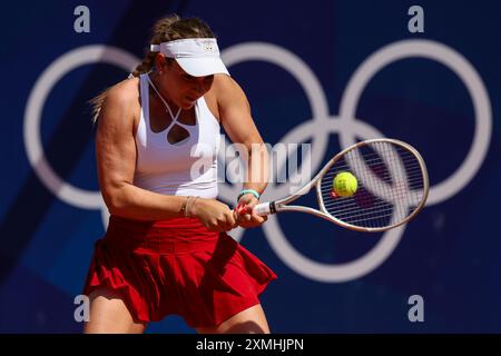 Pariz, Francuska. 28 juillet 2024. Joueuse de tennis croate Donna Vekic en action lors d'un match de tennis contre la joueuse italienne Lucia Bronzetti au premier tour des Jeux Olympiques le 28 juillet 2024 à Paris, France. Photo Igor Kralj/PIXSELL crédit : Pixsell/Alamy Live News Banque D'Images