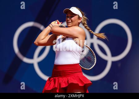 Pariz, Francuska. 28 juillet 2024. Joueuse de tennis croate Donna Vekic en action lors d'un match de tennis contre la joueuse italienne Lucia Bronzetti au premier tour des Jeux Olympiques le 28 juillet 2024 à Paris, France. Photo Igor Kralj/PIXSELL crédit : Pixsell/Alamy Live News Banque D'Images