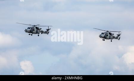 Royal Navy Fleet Air Arm - AgustaWestland AW159 Wildcat, arrivée à la RAF Fairford pour se produire au Royal International Air Tattoo 2024. Banque D'Images