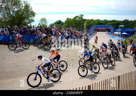 Elancourt, France. 28 juillet 2024. Pauline Ferrand Prevot de l'équipe de France lors de la course de médaille d'or en vélo de montagne féminin lors de la deuxième journée des Jeux Olympiques de Paris 2024 à Elancourt Hill le 28 juillet 2024 à Elancourt, France. Crédit : Abaca Press/Alamy Live News Banque D'Images