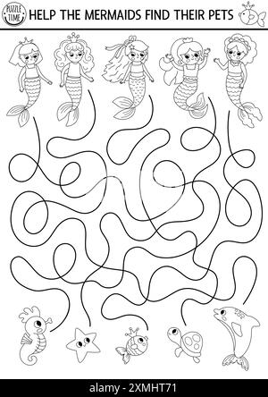 Sirène noir et blanc labyrinthe pour les enfants avec leurs animaux de compagnie. Activité imprimable de ligne marine. Jeu de labyrinthe de Royaume océanique de conte de fées, coloriage. W Illustration de Vecteur