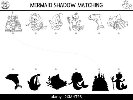 Sirène noir et blanc ombre assortie activité avec merman, coffre au trésor. Puzzle de ligne de Royaume de l'océan. Trouver la silhouette correcte feuille de travail imprimable, Illustration de Vecteur