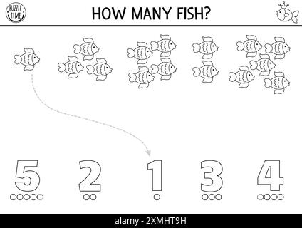 Simple match le jeu de sirène de numéros avec des poissons colorés. Noir et blanc conte de fées Ocean Kingdom activité mathématique ou coloriage. Formation de lignes maritimes Illustration de Vecteur