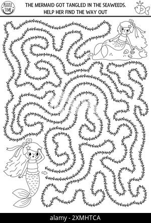 Sirène noir et blanc labyrinthe pour les enfants en forme d'algues. Activité imprimable marine. Jeu de labyrinthe de Royaume océanique de conte de fées, puzzle ou coloriage. Illustration de Vecteur