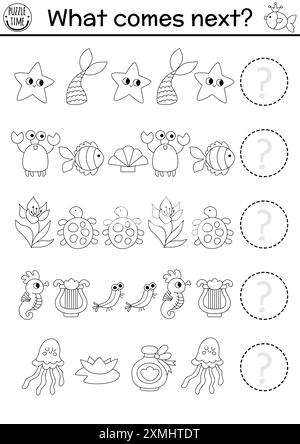 Ce qui vient ensuite. Sirène noir et blanc activité logique ou coloriage avec queue de princesse de mer, crabe, poisson. Outil de succession logique de Royaume océanique Illustration de Vecteur