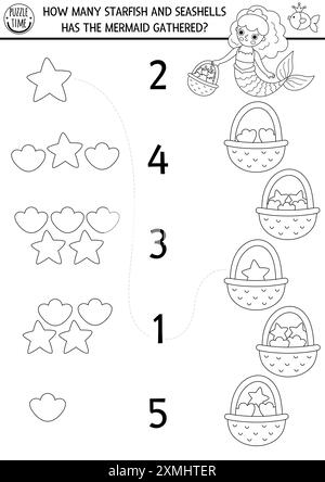 Match les numéros sirène noir et blanc jeu, coloriage avec princesse rassemblant étoiles de mer, coquillages. Activité mathématique du Royaume océanique de conte de fées. Illustration de Vecteur