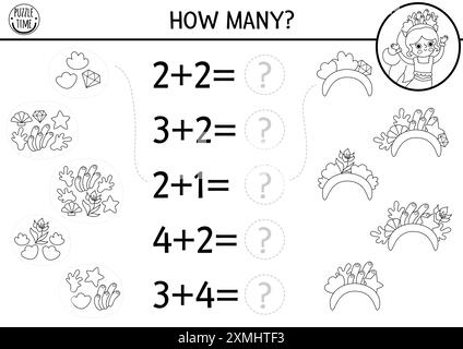 Faites correspondre les numéros noir et blanc jeu de sirène avec bandeau, algues, coquillages. Ocean Kingdom activité mathématique, coloriage. Compte éducatif marin Illustration de Vecteur