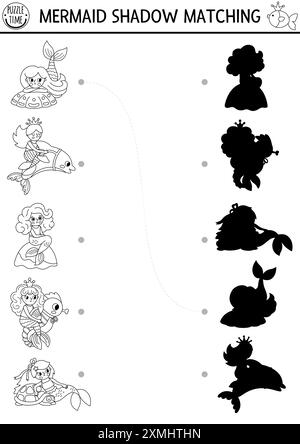 Sirène noir et blanc ombre assortie activité avec princesse de la mer. Puzzle de Royaume de conte de fées avec des filles mignonnes, animaux de compagnie. Trouvez la silhouette correcte prin Illustration de Vecteur