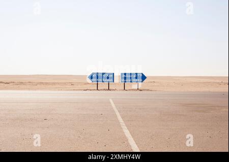 Panneaux de direction en arabe et en anglais pointant vers Muscat et Salalah sur une route désertique dans le Sultanat d'Oman. Copiez l'espace dans le ciel Banque D'Images