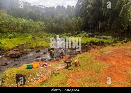 SIPI, OUGANDA - 28 FÉVRIER 2020 : femmes locales faisant la lessive dans la rivière Sipi, Ouganda Banque D'Images