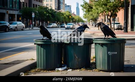 La vue de corbeaux assis sur des poubelles renversées dans la ville. Banque D'Images