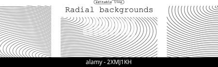 Irradiation par ondes sonores ou vibrations circulaires à la surface de l'eau. Ensemble de fonds à rayures ovales circulaires. Lignes lisses obliques radiales abstraites Illustration de Vecteur