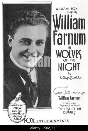 Affiche du film Wolves of the Night de 1919, avec William Farnum, réalisateur : J. Gordon Edwards - Fox Entertainments Banque D'Images