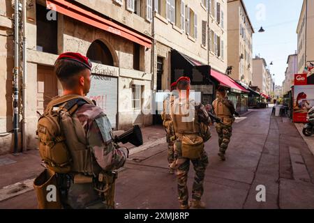 Marseille, France. 28 juillet 2024. Sylvain Rostaing/le Pictorium - intégration dans la force de sentinelle pour les Jeux Olympiques - 28/07/2024 - France/Provence-Alpes-Côte d'Azur/Marseille - intégration dans la force de sentinelle pour les Jeux Olympiques, entraînement, patrouille et surveillance pour assurer la sécurité des Jeux Olympiques Paris 2024 à Marseille. Crédit : LE PICTORIUM/Alamy Live News Banque D'Images