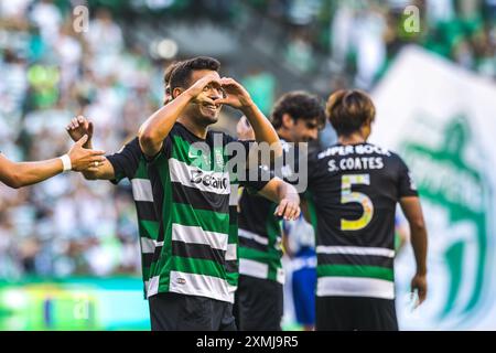 Lisbonne, Portugal. 27 juillet 2024. Pedro Goncalves du Sporting CP célèbre après avoir marqué un but lors du match amical de pré-saison entre le Sporting CP et l’Athletic Club à l’Estadio Jose Alvalade. Score final ; Sporting CP 3:0 Athletic Club. (Photo de Henrique Casinhas/SOPA images/SIPA USA) crédit : SIPA USA/Alamy Live News Banque D'Images