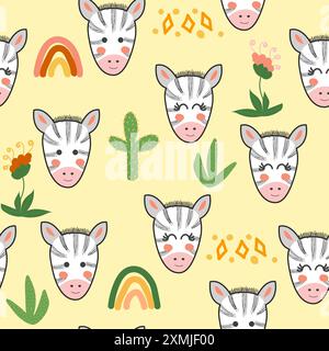 Motif sans couture avec des visages d'animaux zèbres mignons. Illustration dans le style boho, attrape-rêves, cactus, palmiers, tropiques Illustration de Vecteur