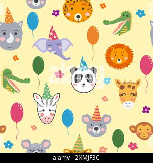 Motif sans couture avec des visages animaux mignons. Illustration de vacances, anniversaire, boules, casquettes. Illustration de Vecteur