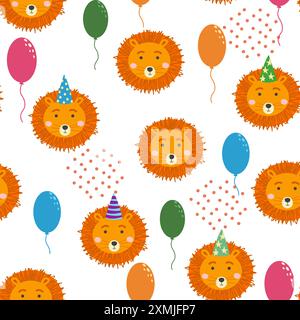 Motif sans couture avec des visages animaux mignons. Illustration de vacances, anniversaire, boules, casquettes. Illustration de Vecteur