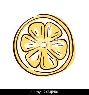 Icône de style art de ligne de tranche ronde jaune citron. Morceau d'agrumes à contour plat en forme de cercle. Design estival. Illustration vectorielle isolée sur un blanc Illustration de Vecteur