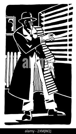 Illustration verticale en hommage aux films de film Noir avec un homme solitaire attendant quelqu'un dans son bureau de détective avec un pistolet à la main, noir et blanc Banque D'Images