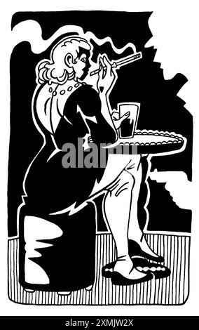 Illustration verticale en hommage aux films de film Noir avec une femme fatale assise avec une cigarette attendant un détective armé avec un pistolet, noir et whi Banque D'Images