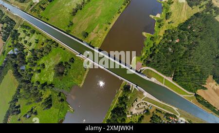 Une vue aérienne du pont aquatique de Magdeburg enjambant l'Elbe près de Wolmirstedt, Allemagne Banque D'Images