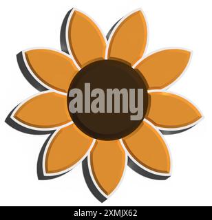 Tournesol avec pétales orange et ombre sur fond isolé, illustration de rendu 3D. Banque D'Images