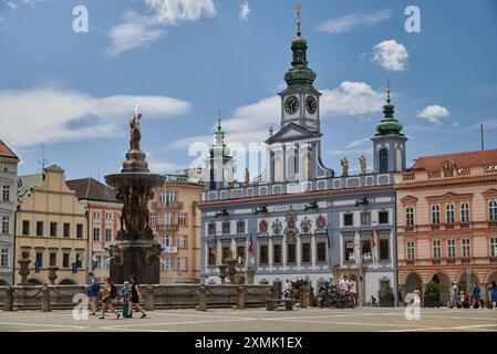 Fontaine Samson sur la place Premysl Otakar II à Ceske Budejovice, ville de la région de Bohême du Sud en République tchèque, le 27 juillet 2024 Banque D'Images