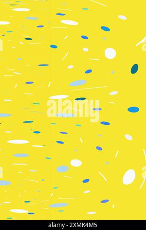 Design abstrait dynamique avec des formes bleues et blanches dispersées sur un fond jaune vif. Parfait pour les thèmes créatifs, modernes et ludiques Banque D'Images